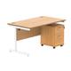 Single Upright Rectangular Desk + 2 Drawer Mobile Under Desk Pedestal | 1400X800 | Norwegian Beech/White