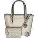 Michael Kors Jet Set Travel XS Carryall Convertible Top Zip Tote bundled with SM TZ Coinpouch and Purse Hook, Lt Cream Multi/Vanilla Mk, X-Small