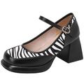 Women Square Toe Mary Janes Shoes Block Heel Platform Zebra Print Pumps Wedding Party Dress Shoes(Black,UK Size 8)