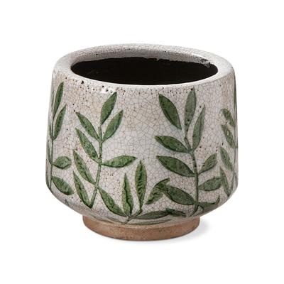 Foliage Printed Glazed Terracotta Footed Planter Medium, 7.0L x 7.0W x 6.1H inches, Holds Up to 5 inch Drop in Pot - Beige