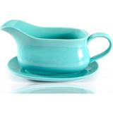 Gravy Boat & Saucer, 15 oz, Ceramic Serving Dish, Dispenser with Tray for Sauces, Dressings and Creamer, Large Handle