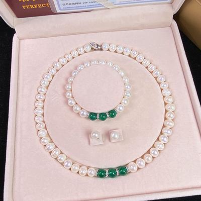 Women's Day Gifts Natural Freshwater Pearl Necklace Green Chalcedony Pendant White Pearl Bracelet Set As A Gift For Mothers And Mother-in-law On Mother's Day Mother's Day Gifts for MoM