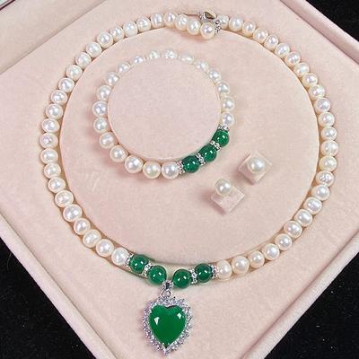 Women's Day Gifts Natural Freshwater Pearl Necklace Green Chalcedony Pendant White Pearl Bracelet Set As A Gift For Mothers And Mother-in-law On Mother's Day Mother's Day Gifts for MoM