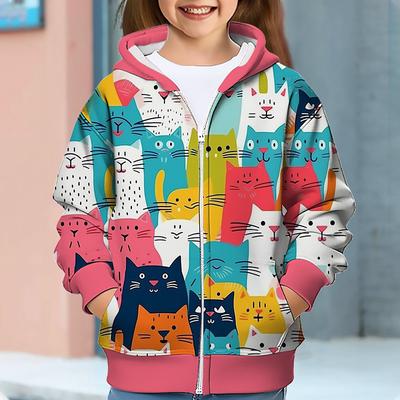 Girls' 3D Cat Hoodie Coat Outerwear Long Sleeve 3D Print Fall Winter Active Fashion Cute Kids 3-12 Years Outdoor Casual Daily Regular Fit