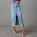 Women's Skirt A Line Denim Midi Skirt Midi High Waist Skirts Pocket Split Ends Solid Colored Street Daily Summer Denim Fashion Casual Blue Light Blue