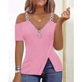 Women's Blouse Ribbed Plain Casual Quarter Zip Cold Shoulder Pink Short Sleeve Classic Casual Half Zip V Neck Summer Spring