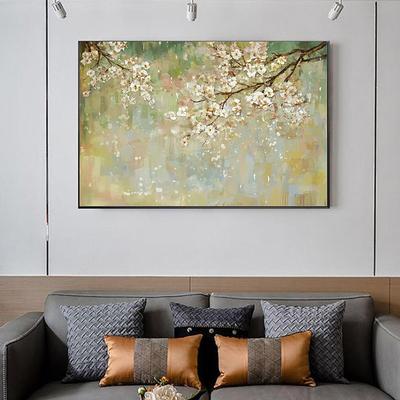 Hand painted Abstract Cherry Flower Oil Painting on Canvas Large Wall Art Original Blossom Floral Art White Painting Flower Painting Living Room Decor Stretched Canvas Ready to Hang