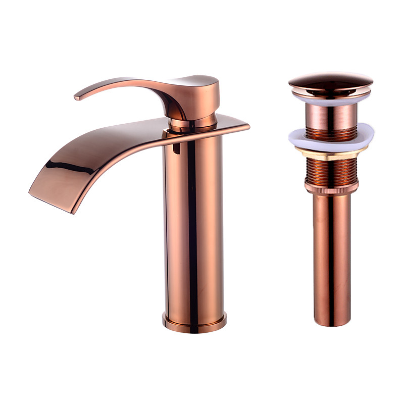 Bathroom Sink Faucet,Modern Style Single Handle Rose Golden One Hole Waterfall,Oil-rubbed Cooper with Drain and Brass Faucet Body with Hot and Cold Water and Pop-upDrain