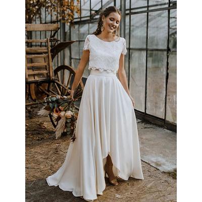 TS Beach Wedding Little White Dresses Wedding Dresses Two Piece Boat Neck Cap Sleeve Asymmetrical Lace Bridal Suits Bridal Gowns With Solid Color 2025