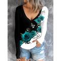 Women's T shirt Tee Henley Shirt Rose Floral Casual Holiday Button Print Black Long Sleeve Fashion Crew Neck Spring Fall