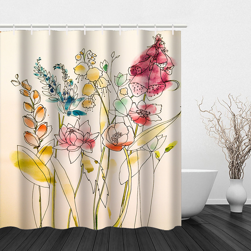 Shower Curtain with Hooks 180cm180cm(7070) Polyester Washable Waterproof Floral Plant Leaves Pattern