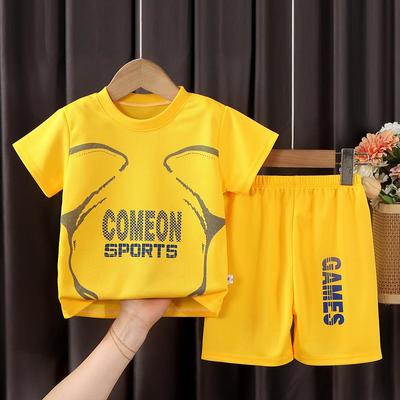 2 Pieces Kids Boys T-shirt Shorts Outfit Letter Short Sleeve Crewneck Cotton Set Casual Cool Daily Summer Spring 7-13 Years Black White Yellow