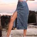 Women's Skirt Denim Midi Skirt Midi High Waist Skirts Split Ends Solid Colored Casual Daily Weekend Summer Denim Fashion Casual Black Navy Blue Dark Blue