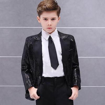 Kids Boys Suit Blazer Shirt Pants 3 Pieces Long Sleeve Black Blue Silver Solid Color Sequin Sequins Party Formal Regular 4-12 Years