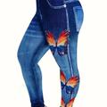 Plus Size Casual Pants, Women's Plus Denim & Butterfly Print High Rise Medium Stretch Skinny Leggings