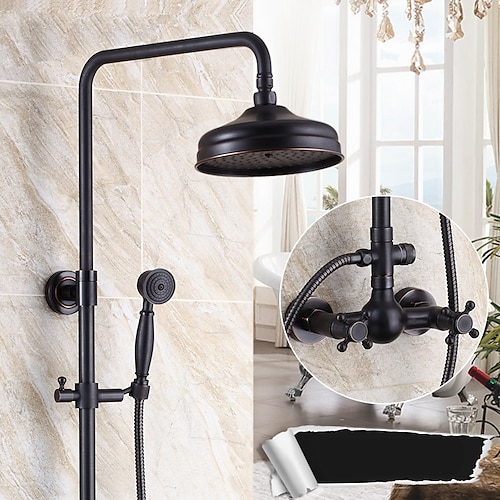set combinato di rubinetti per sistema doccia antico, kit soffione a pioggia da 8 con doccetta a parete, finitura galvanizzata in ottone rame nero stile vintage 2 maniglie Rubinetti per vasca a 3 fori con bodyspray