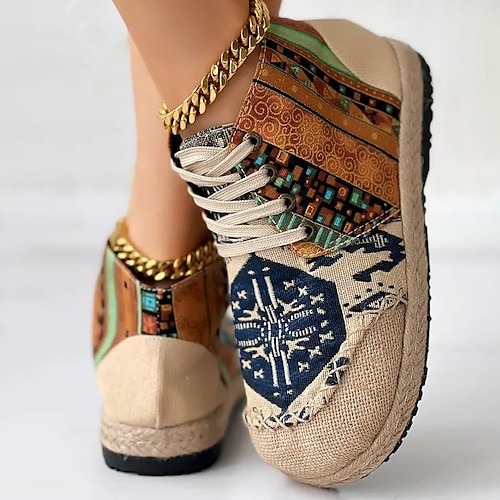 scarpe da ginnastica con lacci bohémien da donna – scarpe casual in tela con stampa etnica e suola intrecciata, scarpe da passeggio leggere e comode per l'uso quotidiano e per i viaggi