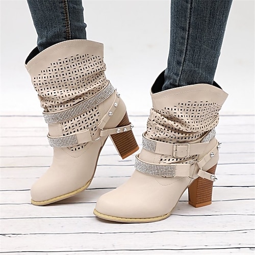Per donna Stivali Stivali Morbidi All'aperto Quotidiano Ritaglio Tronchetti Fibbia Tacco grosso Punta Tonda Bohemien Casual Finta Pelle Slip-on Nero Beige Grigio