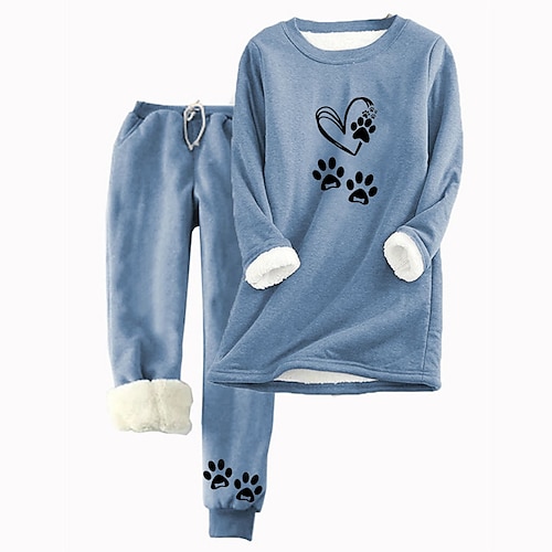 Completi da donna 2 pezzi con felpa e pantaloni tuta calda per la vita quotidiana set di pantaloni jogger a maniche lunghe collo rotondo stampa con gatto e lettere casual quotidiana rosa grigio
