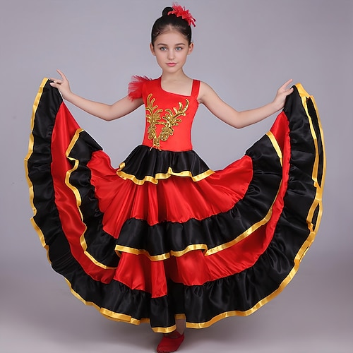 Da ragazza Flamenco Signoria Danza Costume da ballo di tango Moda Poliestere Rosso Gonna / Per bambini