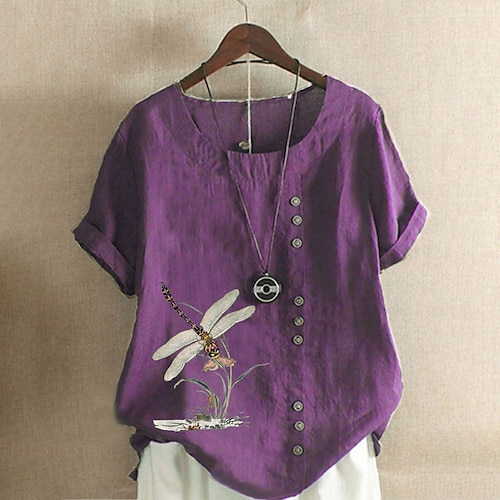 Camicia da donna 100% Cotone Camicia Blusa Stampa a bottoni Weekend Streetwear Di base Casual Simile lino Manica corta Collo tondo Bianco Estate Primavera