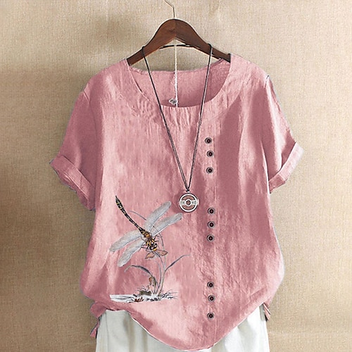 Camicia da donna 100% Cotone Camicia Blusa Stampa a bottoni Weekend Streetwear Di base Casual Simile lino Manica corta Collo tondo Bianco Estate Primavera