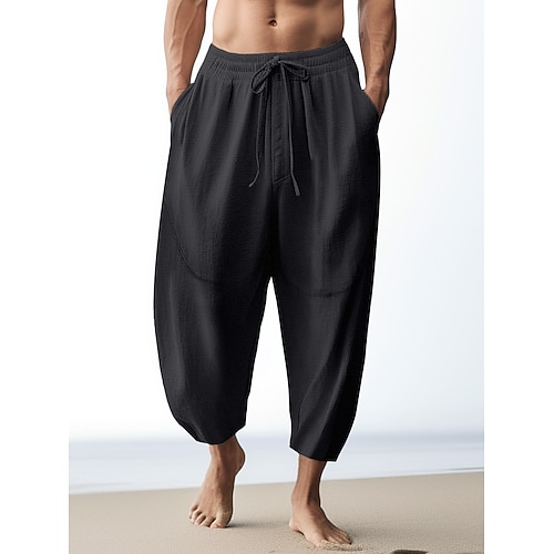 100% lino Per uomo Pantaloni di lino Pantaloni Pantaloni estivi Pantaloni a carota affusolati Tasche A cordoncino Vita elastica Liscio Traspirante Comodo Giornaliero Da mare Per uscire Classico