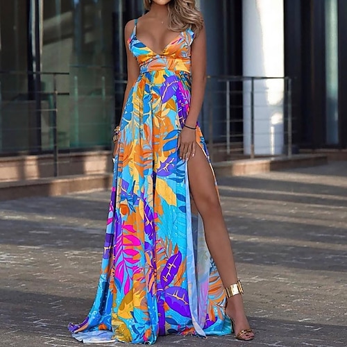 abito casual da donna abito da altalena abito lungo maxi abito blu giallo rosa rosso senza maniche spacco primavera estate scollo a v caldo s m l xl xxl xxxl