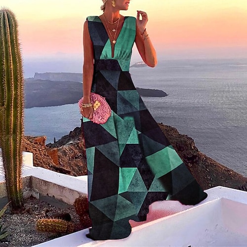 abito casual da donna abito svasato abito lungo maxi abito blu verde chiaro fucsia senza maniche stampa floreale primavera estate scollo a v 2023 s m l xl xxl