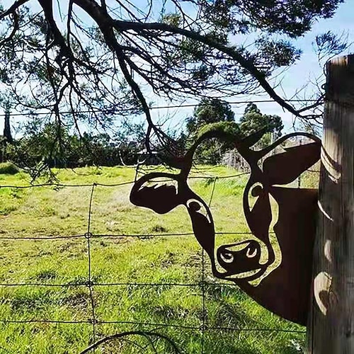 animali metallo giardino art decor, divertente mucca che fa capolino sculture da parete in metallo arte del ferro battuto resistente alle intemperie mucca segno esterno giardino agriturismo arredamento mucca parete arredamento