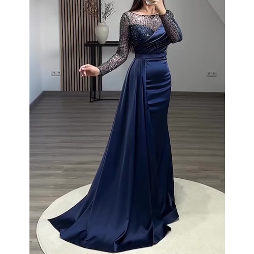 Sirena Tromba Strascico da Corte Abito da Sera Abito da ballo con sopragonna Abito formale Elegante Brillare Splendere Manica Lunga Collo gioiello Formale Ospite di nozze Charmeuse Con Paillettes