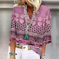 Women's Shirt Blusa Bottonata Stampa Base Manica 3/4 Lunghezza Regular Top Collo a V Casual Rosa Blu Viola Verde Khaki