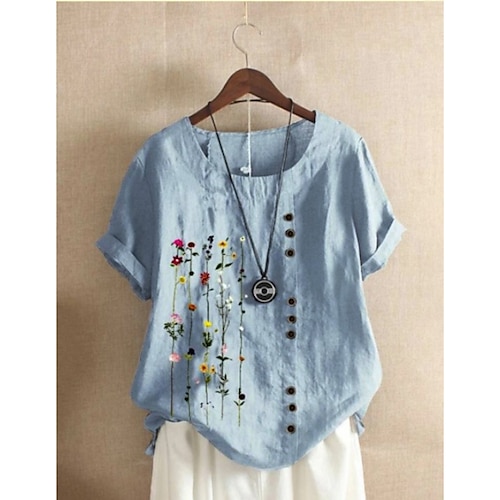 Camicia da donna 100% Cotone Camicia Blusa Floreale Quotidiana Vintage Casual Simile lino Manica corta Collo tondo Bianco Estate Primavera