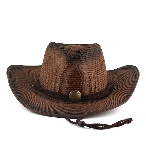 cappello da cowboy di paglia intrecciata con fascia per cappelli a tesa larga cappello da cowgirl da cowboy occidentale uomo donna costume vintage cosplay vacanze vacanze cappello