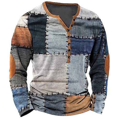 Per uomo Pop art Collage Jeans Camicia Henley Manica lunga Stampa 3D Giornaliero Retrò vintage Informale Informale Per eventi Per uscire Primavera Autunno Blu reale Blu Azzurro cielo Blu scuro