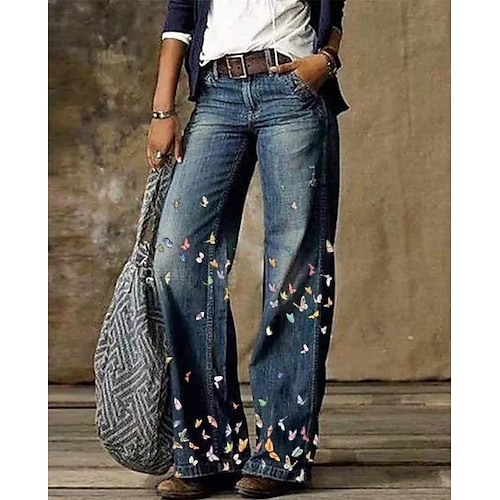 Per donna Normale Jeans Pantaloni a zampa Pantaloni a Zampa Pantaloni Stampa 3D Lunghezza intera Misura del girovita medio Fiore / Floreale Tasche Laterali Gamba larga Stampato Comodità Alta