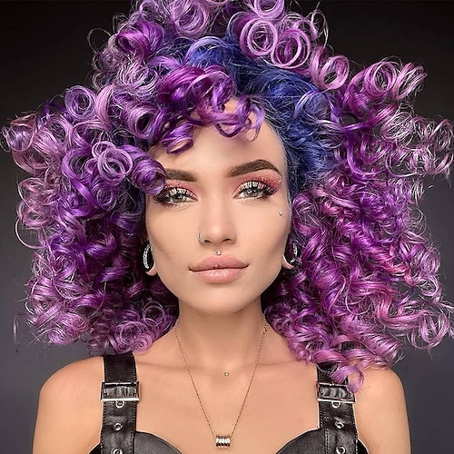 Parrucche sintetiche Riccio Con frangia A macchina Parrucca Biondo Rosa Ambra Corto A1 A4 A5 A6 A8 Capelli sintetici Per donna Soffice Di tendenza Facile da trasportare Biondo Rosa Viola