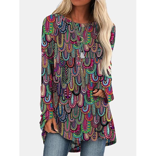 Maglietta da donna Taglia Plus Magliette Tunica Geometrica a Quadri Vintage Tunica Etnica a manica lunga Collo Tondo Top Lunghi Casual Stampa Marrone Gialla Verde Chiaro Rosso Vino Autunno e Inverno