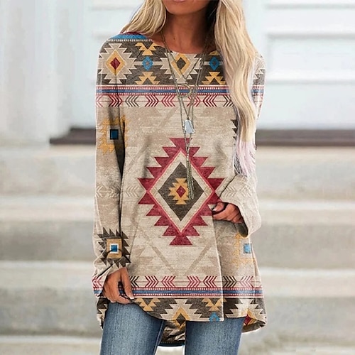 Maglietta da donna Taglia Plus Magliette Tunica Geometrica a Quadri Vintage Tunica Etnica a manica lunga Collo Tondo Top Lunghi Casual Stampa Marrone Gialla Verde Chiaro Rosso Vino Autunno e Inverno