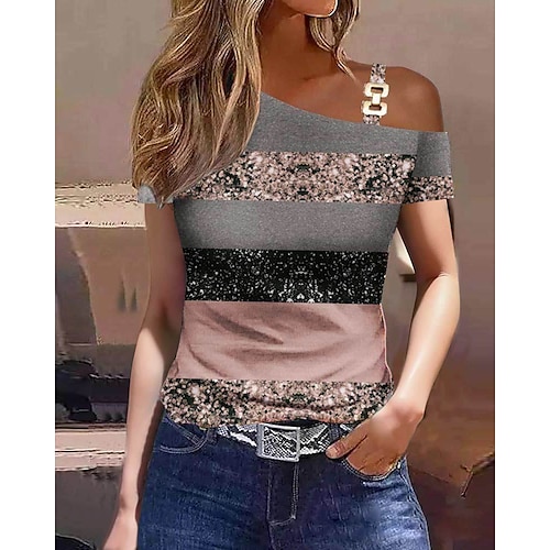 maglietta da donna casual color block stampa spalle scoperte manica corta top regolari spalle scoperte lavoro casual nero blu marrone cachi grigio chiaro