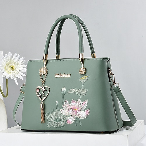 Per donna Borsetta Borsa a tracolla Borsa di Boston pelle sintetica Esterno Giornaliero Per eventi Ciondolo Cerniera Massima capacità Impermeabile Duraturo Tinta unica Ricamato Fiore decorativo Nero