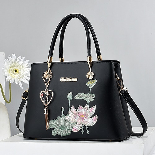 Per donna Borsetta Borsa a tracolla Borsa di Boston pelle sintetica Esterno Giornaliero Per eventi Ciondolo Cerniera Massima capacità Impermeabile Duraturo Tinta unica Ricamato Fiore decorativo Nero