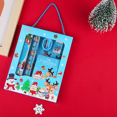 6 pz/set set regalo di cancelleria portatile di Natale contiene 2 matite 1 temperamatite 1 gomma 1 righello 1 carta per appunti adesiva per studenti della scuola primaria bambini che imparano regalo