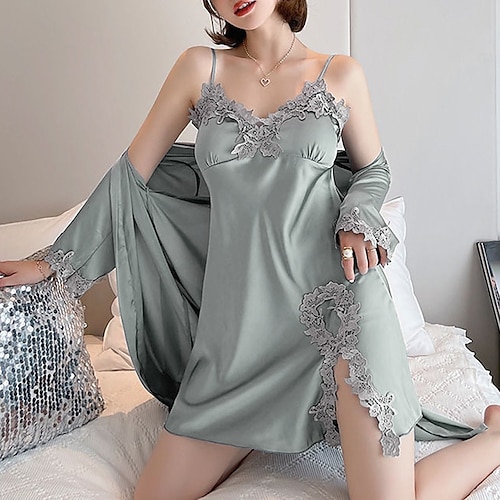 pigiama da donna camicia da notte vestito pigiama 2 pezzi colore puro moda casual comfort casa quotidiano letto raso seta v ferretto manica lunga elastico in vita pettorali estate primavera casa abiti