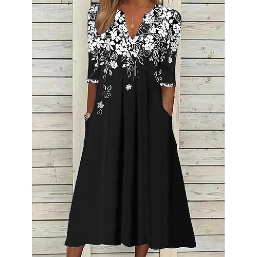 Abito Midi da Donna Abito Tunica Floreale con Tasche Scollo a V Abito Midi Elegante alla Moda per Appuntamenti Quotidiani Manica Mezzo Estate Primavera