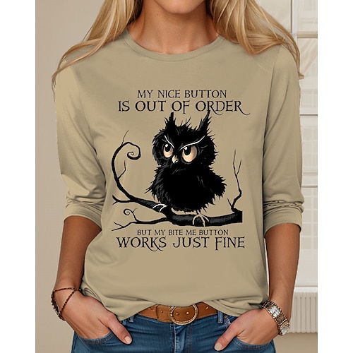 T-shirt Donna Maniche Lunghe Collo Rotondo Maniche Lunghe Tunica Animale Cane Lettera Divertente Manica Corta Collo Tondo Tops Regolari Giornalieri Weekend Stampa Bianca Marrone Chiaro Viola Khaki
