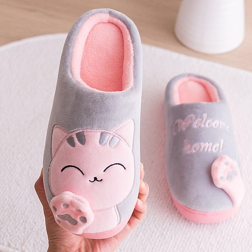 Per donna Pantofole Pantofole fuzzy Pantofole da interno Ciabatte calde Interni Cartoni animati Gatto Piatto Punta tonda Di tendenza stile sveglio Felpato Raso Rosa e grigio Nero Grigio