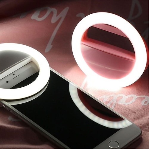 Clip portatile con luce ad anello per selfie da 2 pezzi per smartphone, fotocamera, video, 3 modalità, dimmerabili, batterie AAA alimentate