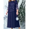 Per donna Plus Size Abito di pizzo Vestito da festa Abito da cocktail Pizzo Collage Girocollo Manica a 3/4 Vestito longuette Vestito invernale Invitati del matrimonio Blu marino Primavera Inverno