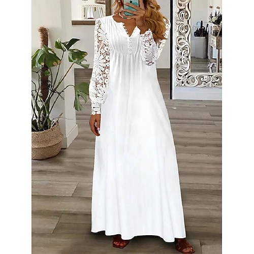 abito lungo da donna bohemien scollo a V manica lunga in pizzo gonna bianca svolazzante casual spiaggia semi-formale primavera estate taglie forti femminile elegante abbigliamento abbigliamento